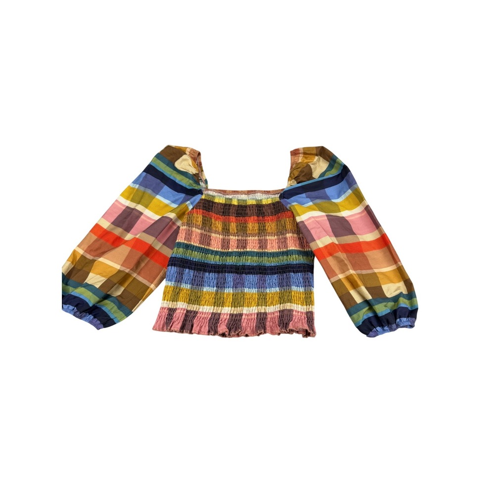 Farm Rio Rainbow Plaid Smocked Puff Sleeve Cotton Top Square Neck Multi Color